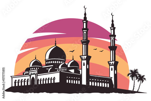 Mosque Silhouette at Sunset Create a vector of a mosque's silhouette against a vibrant sunset gradient. Silhouette Color and White Background