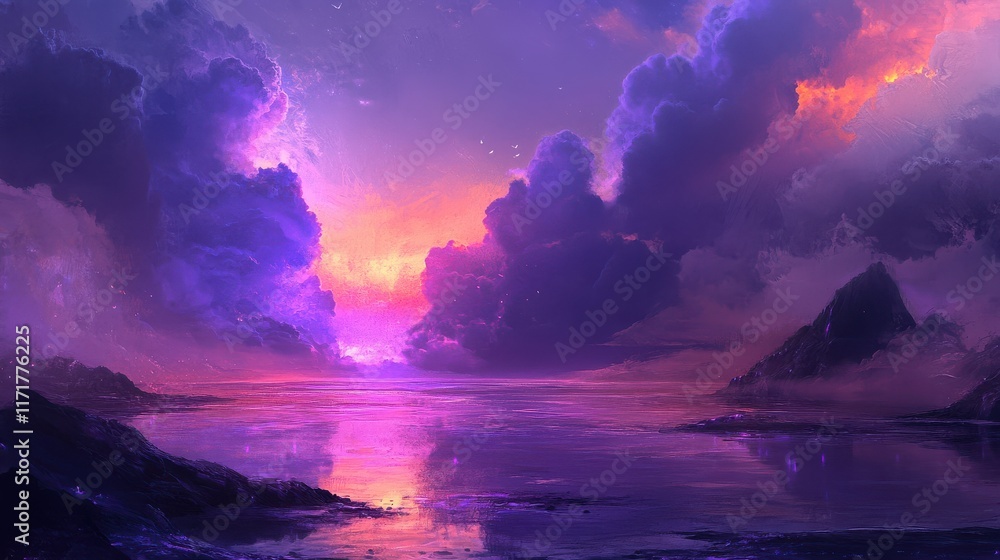Vibrant sunset over a serene, purple landscape. Vibrant sunset over a serene, purple landscape.
