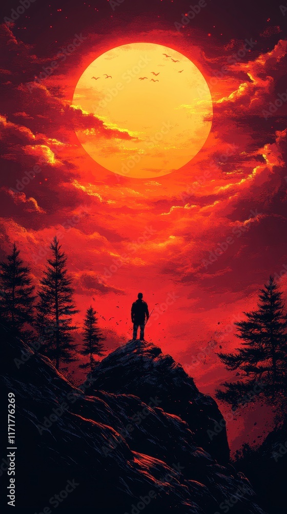 Silhouette of a solitary figure standing on a rocky outcrop beneath a vast crimson sky with a glowing sun setting, surrounded by scattered clouds and silhouetted trees, evoking a sense of awe and Silhouette of a solitary figure standing on a rocky outcrop beneath a vast crimson sky with a glowing sun setting, surrounded by scattered clouds and silhouetted trees, evoking a sense of awe and