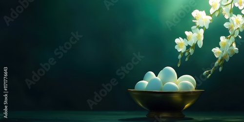 Tranquil scene with white flowers and eastrer eggs in a bowl on dark background