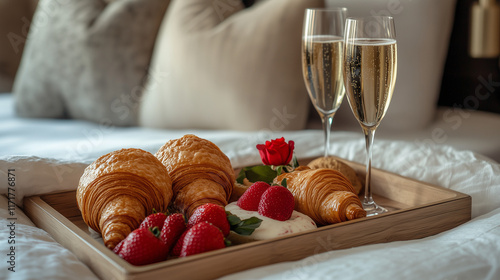 Luxurious Valentine's Day breakfast setup in a cozy hotel suite, romantic morning atmosphere with croissants, strawberries, and champagne, banner for hotel promotion