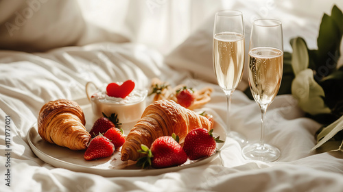 Luxurious Valentine's Day breakfast setup in a cozy hotel suite, romantic morning atmosphere with croissants, strawberries, and champagne, banner for hotel promotion