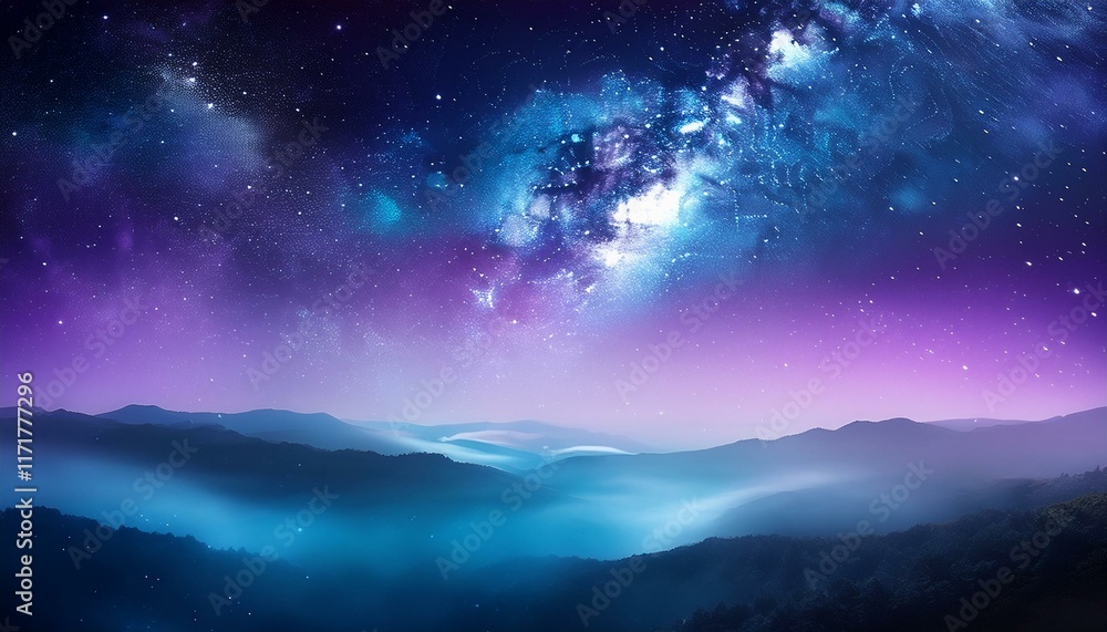Mystical night landscape with vibrant purple and blue hues under a starlit sky. Mystical night landscape with vibrant purple and blue hues under a starlit sky.