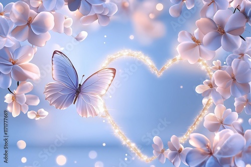 Valentine's Day background. Glowing Heart Surrounded by Blossoming Flowers and Elegant Butterfly. Dreamy Backdrop with Soft Blue Color and Sparkling Details. Free Space. AI generated