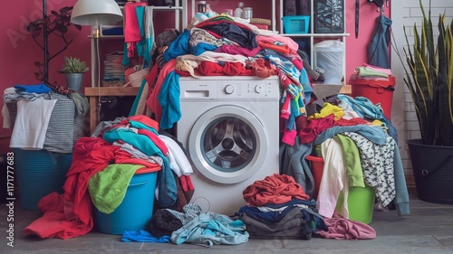 A pile of vibrant clothes surrounds a washing machine in a cluttered laundry space filled with bright colors 