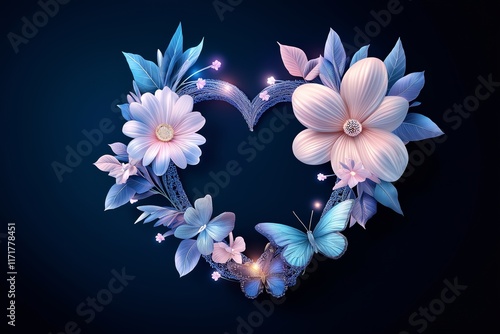 Valentine's Day background. Heart-Shaped Wreath With Glowing Flowers and Blue Leaves on Dark Backdrop. Elegant Composition with Butterflies and Soft Light Effects. AI generated