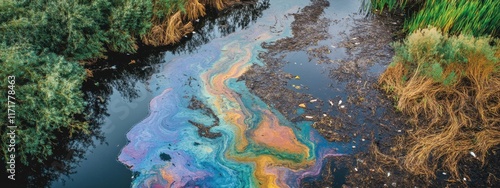 Water pollution caused by oil spills and waste in rivers revealing environmental degradation and human negligence photo