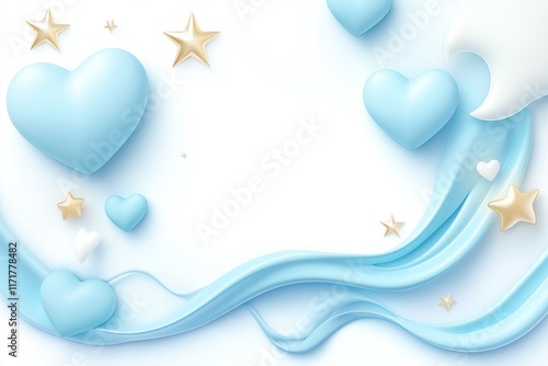 Blue Hearts Are Floating on White Background. Golden Stars Are Shining Around. Smooth Blue Waves Add Elegance. Perfect for Love-Themed Designs. Delicate children's backdrop. AI generated