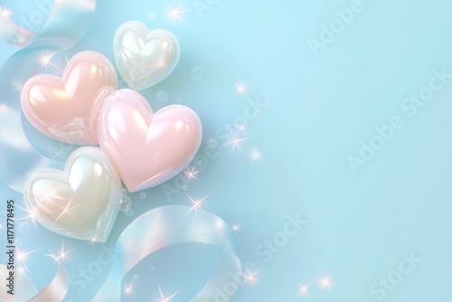Glossy Pink and White Hearts Shine on Blue Background. Sparkling Stars and Ribbons Add Charm. Dreamy Composition with Soft Glow. Ideal for Romantic Themes. Delicate children's backdrop. AI generated