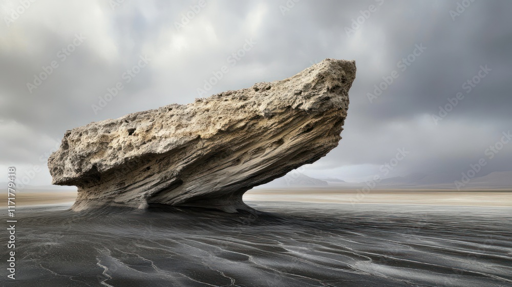 Dramatic coastal rock formation, beach, stormy sky, travel poster Dramatic coastal rock formation, beach, stormy sky, travel poster