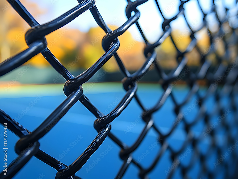Close-up of black chain link fence with blurred blue tennis court and autumn trees in background. Close-up of black chain link fence with blurred blue tennis court and autumn trees in background.