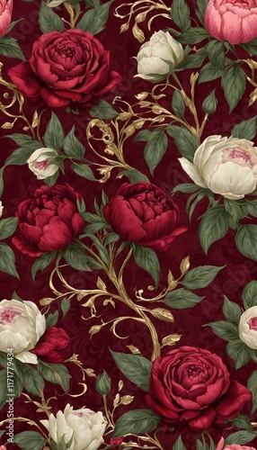 Vintage Floral Pattern with Red and Pink Roses on Burgundy Background