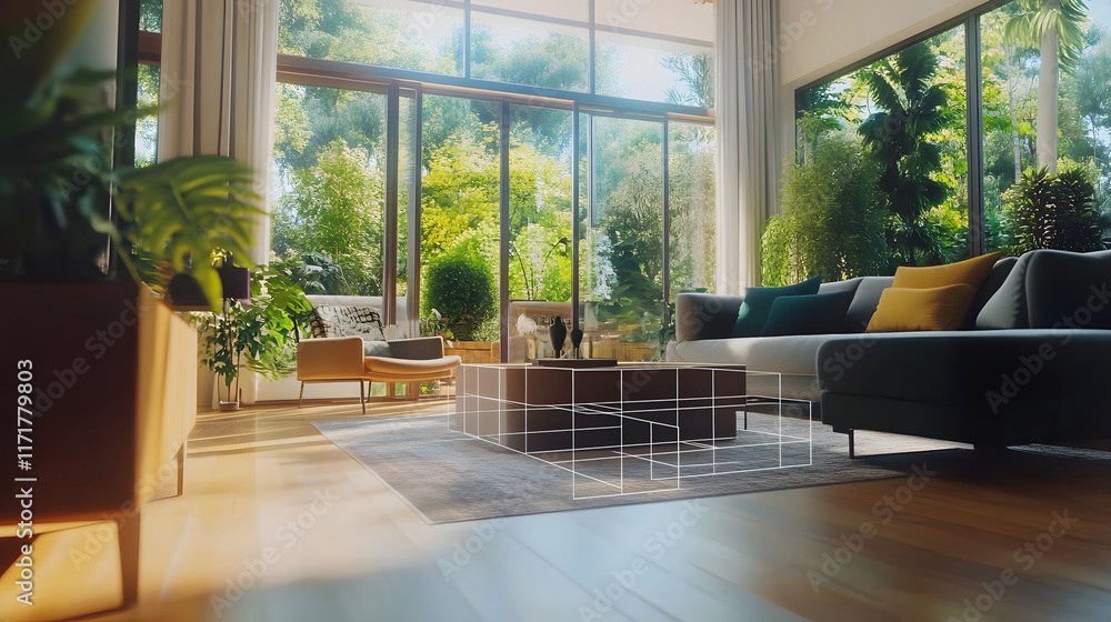 Fototapeta premium In a contemporary living room, artificial intelligence overlays a 3D model of furniture on the hardwood floor. Bright natural light from large windows illuminates the space filled with greenery.