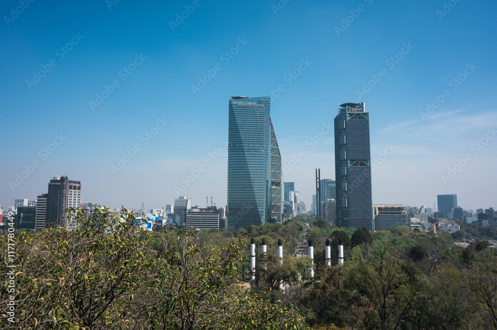 Fototapeta premium Mexico City city skyline and cityscape overlooking Chapultepec and Reforma with the Angel of Independence. Sunny day in Mexico City