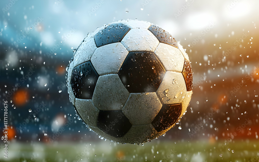 Fototapeta premium Wet soccer ball in stadium with rain.