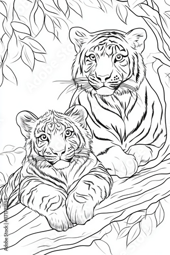 Wallpaper Mural Two majestic tigers resting on a tree branch, capturing a tranquil moment in nature. Torontodigital.ca