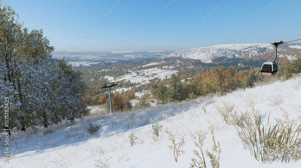 Scenic winter landscape with a cable car and snowy hills. Scenic winter landscape with a cable car and snowy hills.