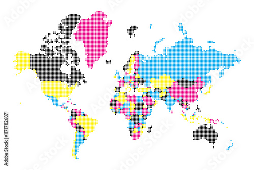 A colorful political world map featuring squares that represent different countries and regions. Each area is distinctly colored, highlighting global divisions and territories.