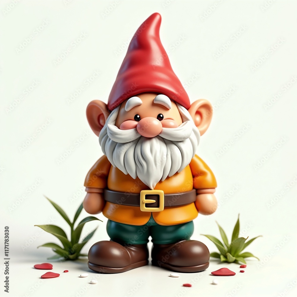 A cheerful garden gnome with a red hat, white beard, yellow shirt, and green pants surrounded by green plants and red petals on a white background. A cheerful garden gnome with a red hat, white beard, yellow shirt, and green pants surrounded by green plants and red petals on a white background.