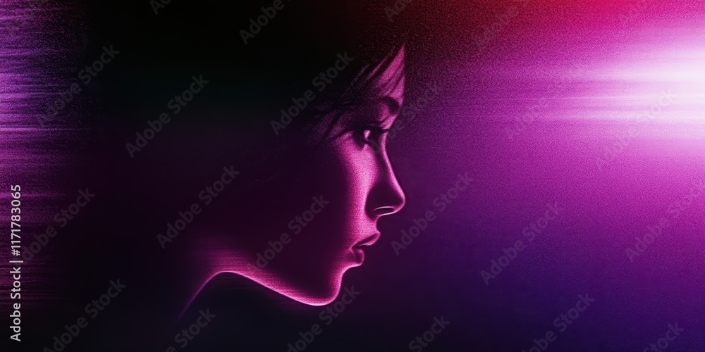 Dark silhouette, female profile, vibrant neon colors, purple and blue gradient background, hair blowing, mysterious atmosphere, high contrast, dramatic lighting, cinematic style, abstract portrait, fu Dark silhouette, female profile, vibrant neon colors, purple and blue gradient background, hair blowing, mysterious atmosphere, high contrast, dramatic lighting, cinematic style, abstract portrait, fu