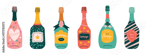 Doodle wine bottles.  Various Bottles. Vector set. Bottles of Different shapes and colors. Champagne, Brut, Sparkling wines. Hand drawn colorful vector illustrations. Celebration concept. 