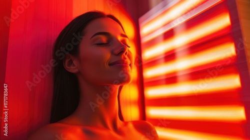 Relaxed female in red light therapy session