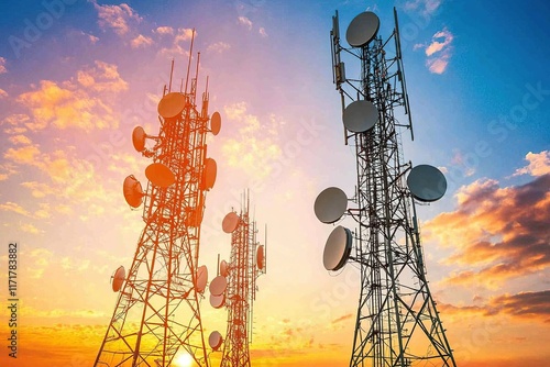 5G Communication tower or 4G network telephone cellsite silhouette on sunny colorful sky background