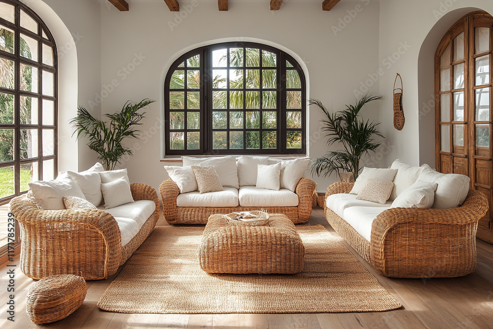 Rattan furniture and neutral decor in a sunlit room Rattan furniture and neutral decor in a sunlit room