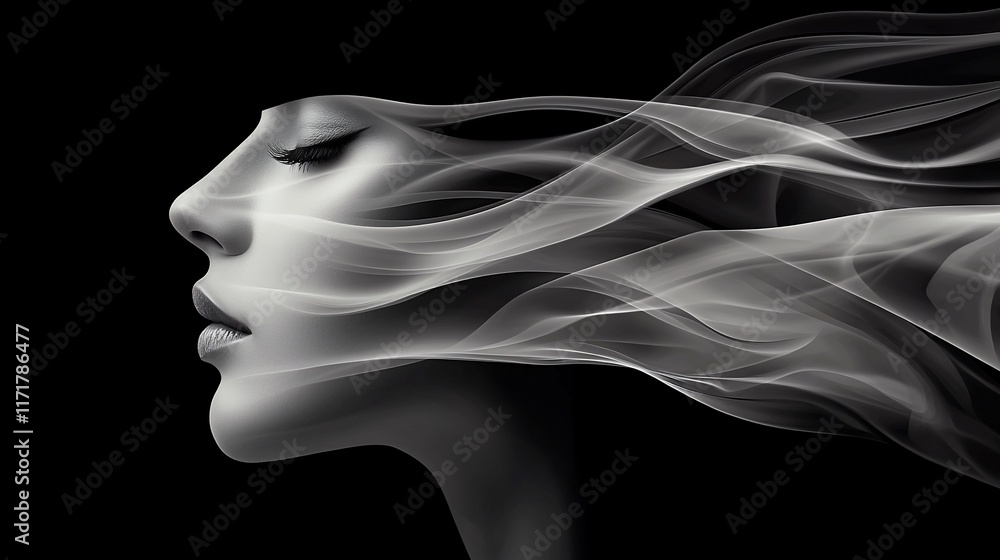 Serene woman's face enveloped in ethereal smoke, black background. Serene woman's face enveloped in ethereal smoke, black background.