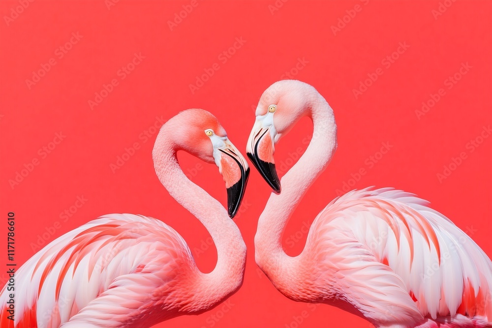 Fototapeta premium two flamingos standing close to each other creating a heart shape, close up, red solid color background for Valentines