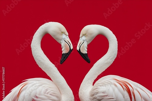 two flamingos standing close to each other creating a heart shape, close up, red solid color background for Valentines
