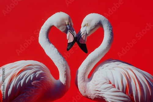 two flamingos standing close to each other creating a heart shape, close up, red solid color background for Valentines