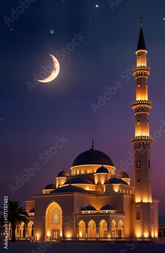 Beautiful Al Sahaba Mosque in Sharm El Sheikh illuminated at dusk under crescent moon. Religious site architecture. Islamic design with ornate details. Night scene with clear sky, stars. Peaceful, photo