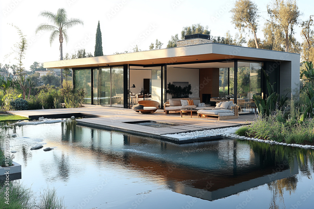 Fototapeta premium Modern House with Pool and Lush Landscaping