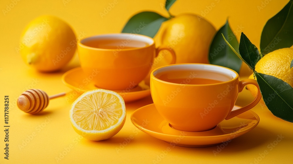 Bright Yellow Tea with Lemons and Honey on Vibrant Background Bright Yellow Tea with Lemons and Honey on Vibrant Background