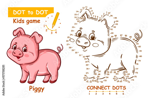 Cute pig, little piggy farm animal, connect dots number children education math puzzle game. Funny piglet swine character. Draw picture join dotted line. Coloring page. Kid learning worksheet. Vector