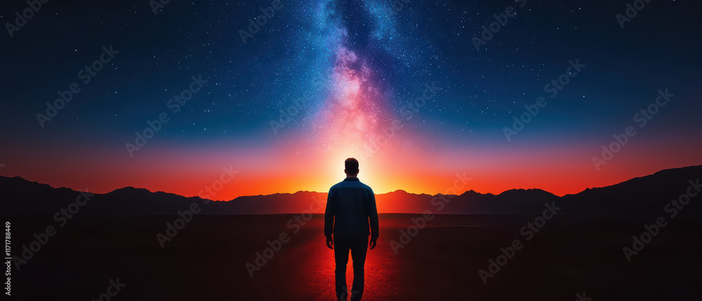 Obraz premium person stands under starry sky at sunset