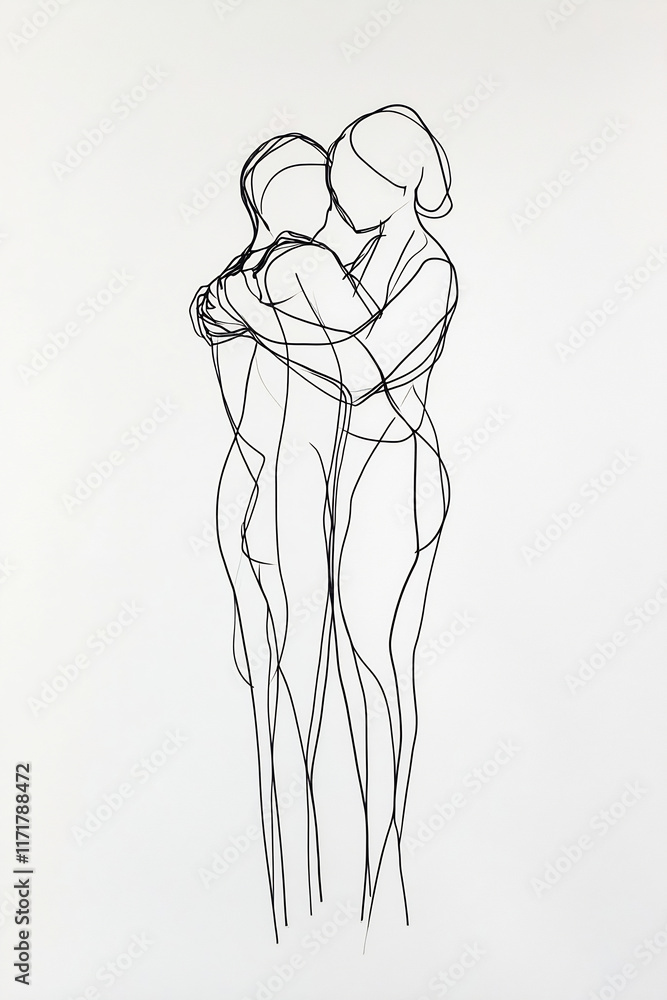 Two figures embracing in line art