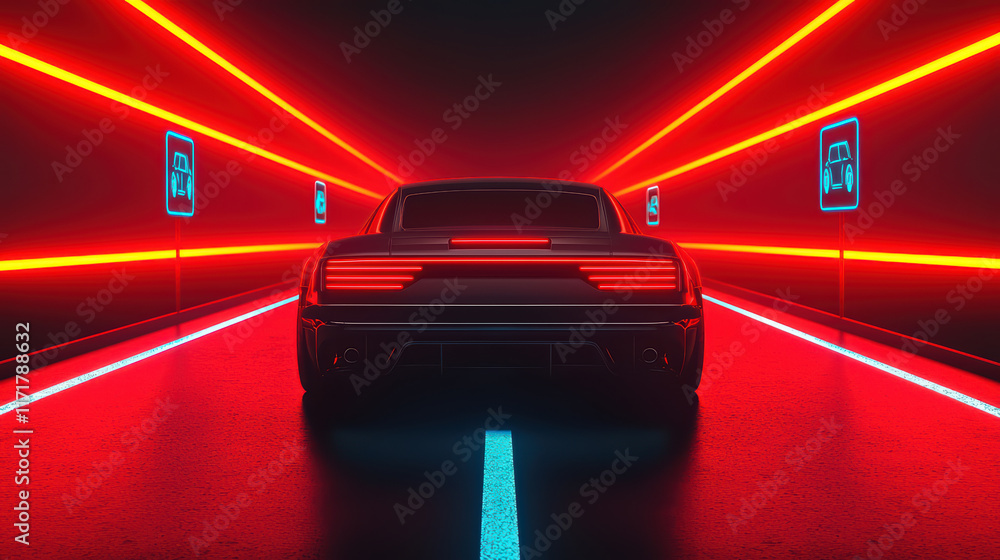 Naklejka premium Futuristic car in neon lights with vibrant red background