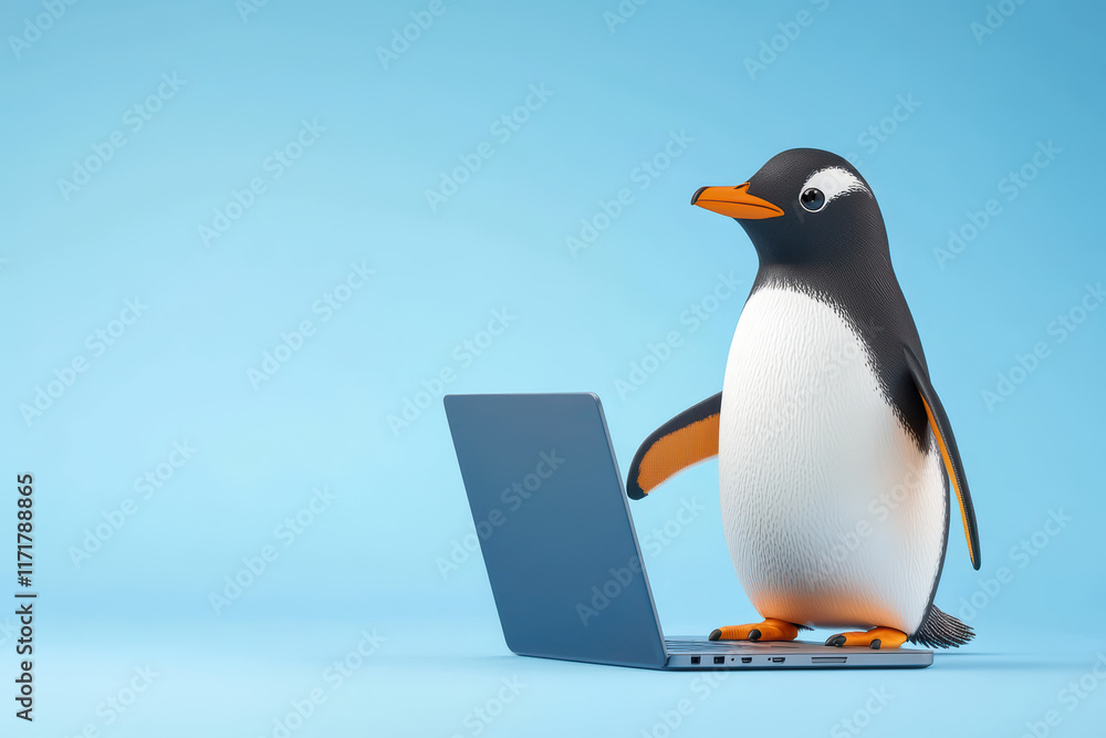 Obraz premium penguin using laptop on blue background