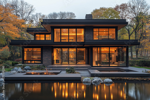 Modern Black House Illuminated At Dusk Near Woods