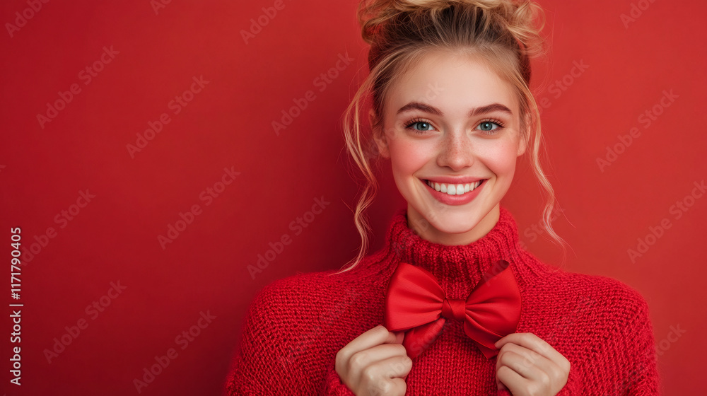 Young woman smiling, wearing red turtleneck sweater and bow, posing against matching crimson background for romantic holiday Young woman smiling, wearing red turtleneck sweater and bow, posing against matching crimson background for romantic holiday