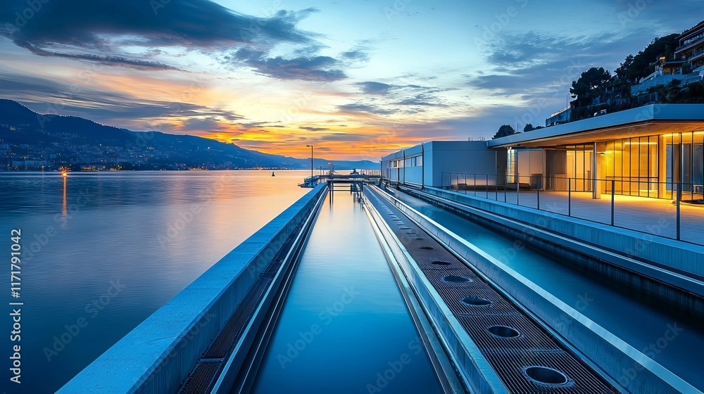 Fototapeta premium Serene Sunset Over Water with Modern Architecture