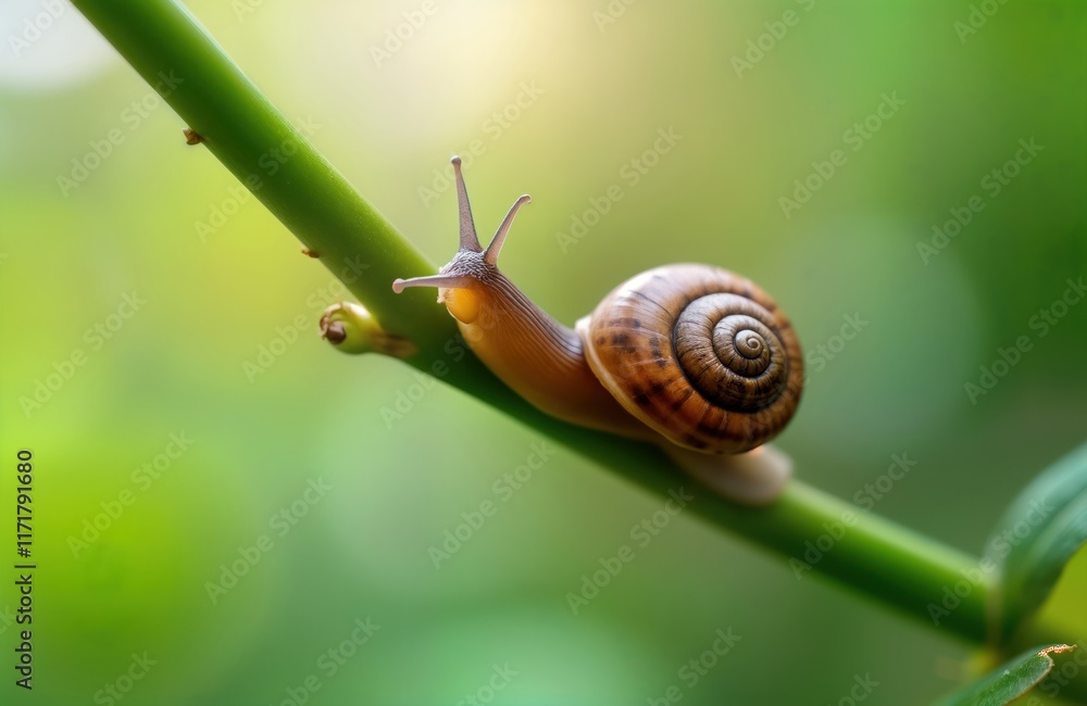 Close-up photo shows snail on green stem. Snail brown, spiral shell. Plant stem vibrant green. Background out of focus. Snail in natural garden setting. Macro nature photo. Detail of invertebrate. Close-up photo shows snail on green stem. Snail brown, spiral shell. Plant stem vibrant green. Background out of focus. Snail in natural garden setting. Macro nature photo. Detail of invertebrate.