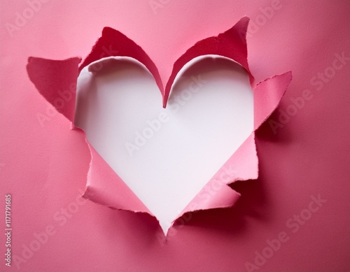 torn pink paper with heart shaped cutout revealing white background symbolizing love heartbreak and fragility in a minimalist design