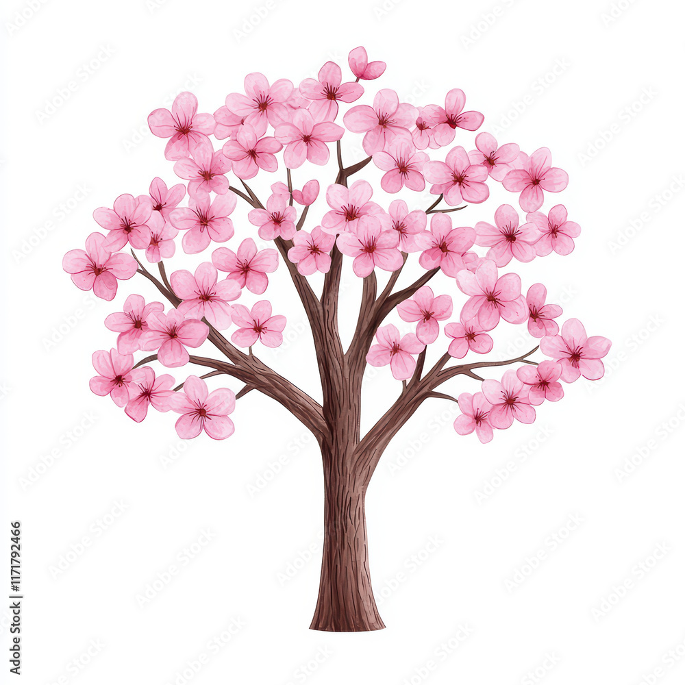 Fototapeta premium Blooming cherry tree with pink flowers and brown trunk