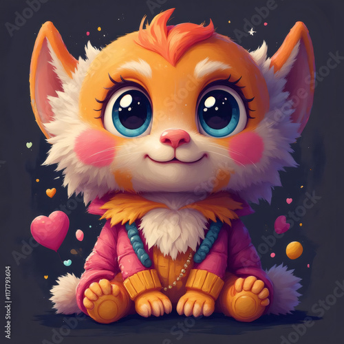 La imagen muestra un adorable gatito de dibujos animados con grandes ojos azules, pelaje naranja y blanco, y una expresión dulce. Está sentado con las patas delanteras juntas y lleva una chaqueta rosa