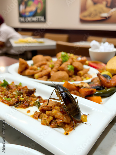 In a restaurant, a cockroach feasting on the prepared dishes adds an unappetizing touch to the dining experience, triggering concerns of infection. photo