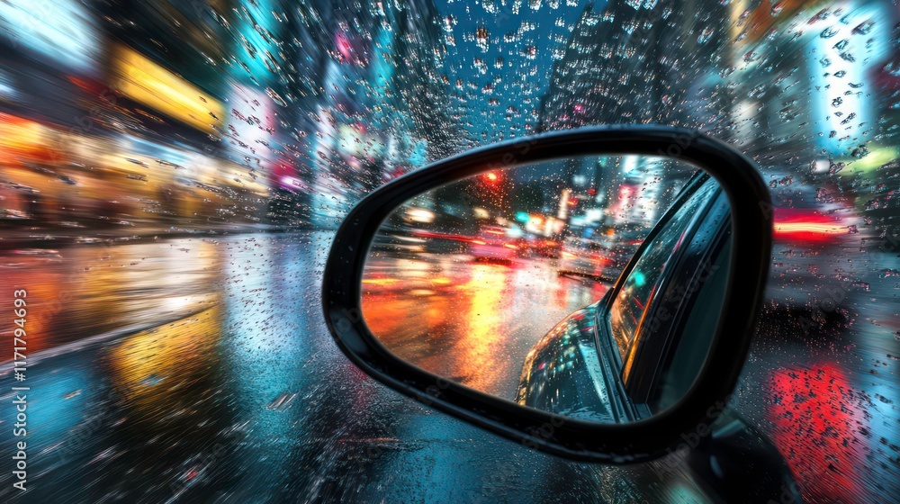Rain-streaked car side mirror reflecting blurred city night traffic.