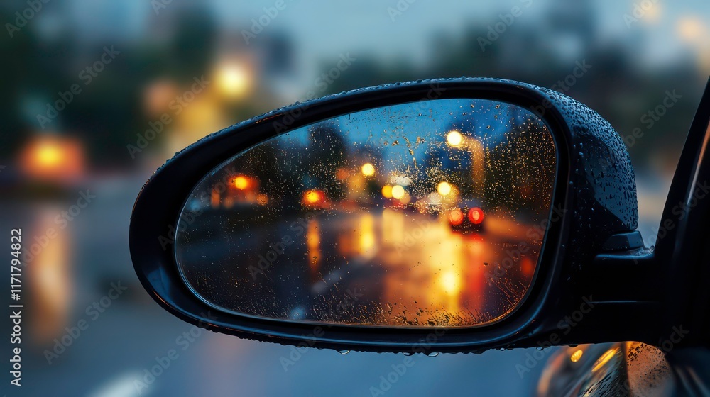 Rain-covered car side mirror reflecting blurred city lights at night. (1) Rain-covered car side mirror reflecting blurred city lights at night. (1)